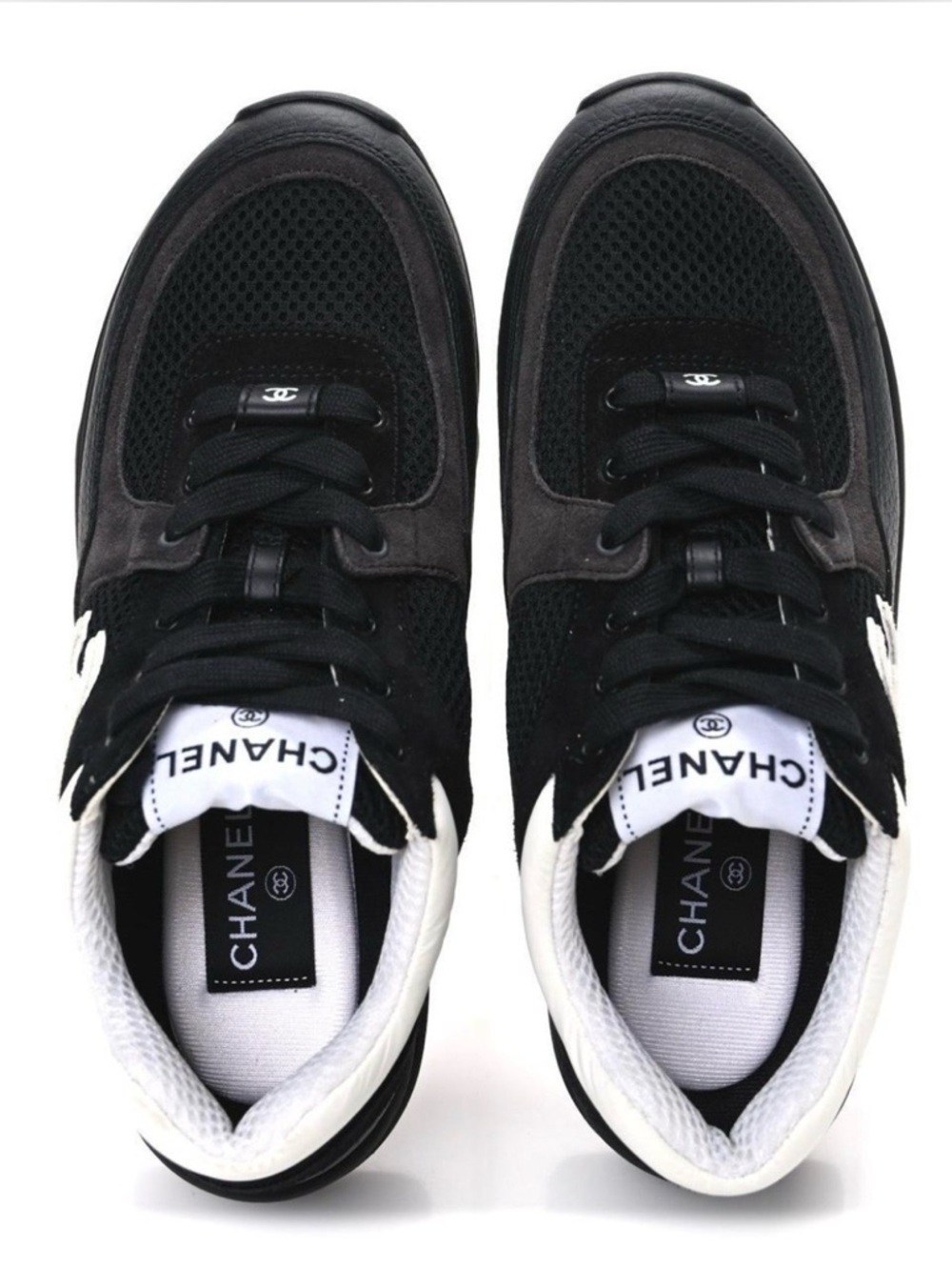 CHANEL Black and White Mesh Suede Men's Sneakers